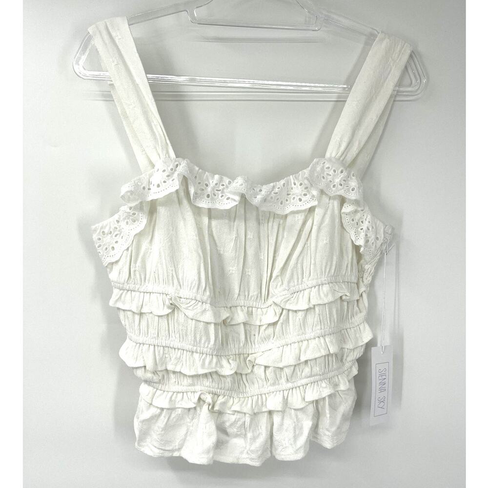 Sienna Sky Tank Top White Tiered Ruffle Eyelet Smocked Cropped Top Juniors XL - Picture 1 of 11